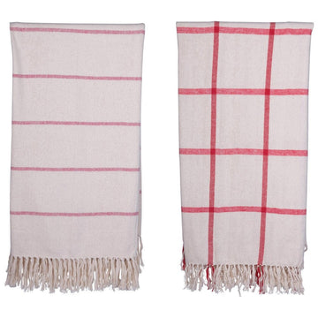 Brushed Cotton Throw w/ Pattern & Fringe, Red & Cream Color, 2 Styles XM6665A